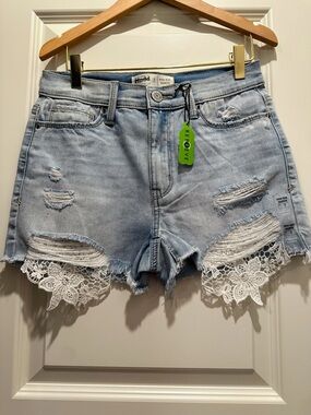Mudd Light Blue Distressed Denim Shorts with Lace Trim